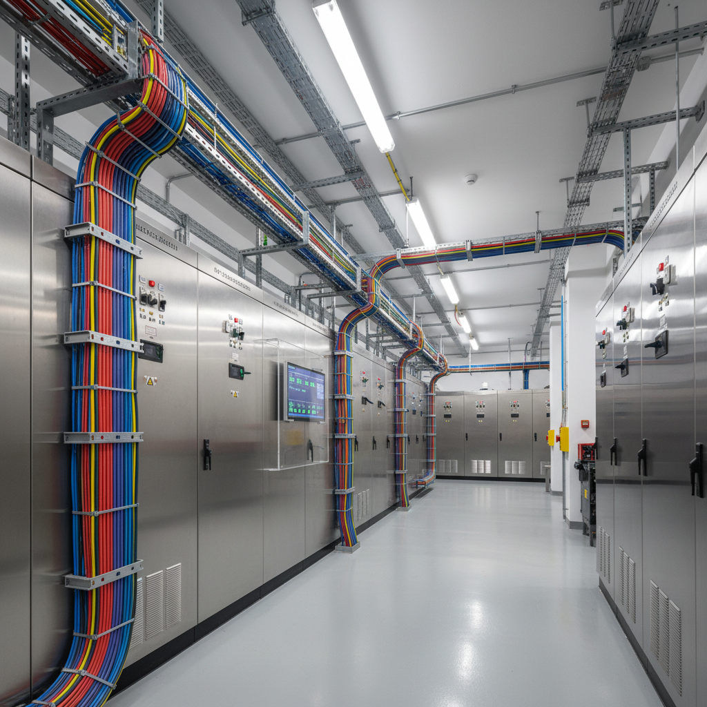 Modern data center electrical room with dual-bus power distribution panels and UPS systems