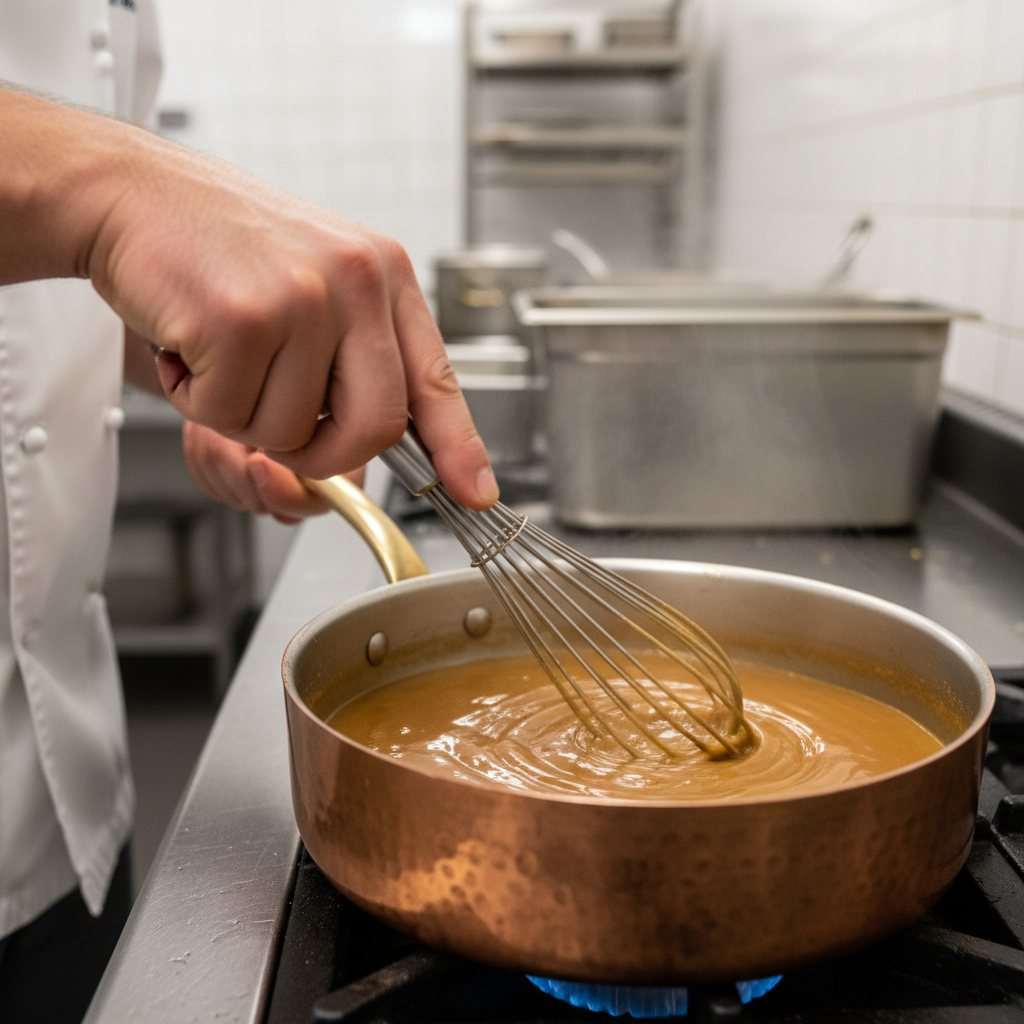 Chef preparing elaborate dish in professional kitchen, dark moody lighting with steam rising from copper pans