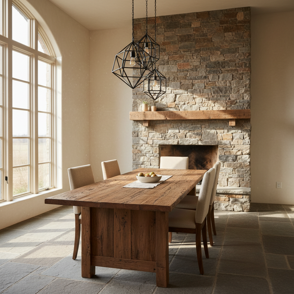 Handcrafted timber dining table in a shadowed interior with low warm pendant lighting and dark stone walls