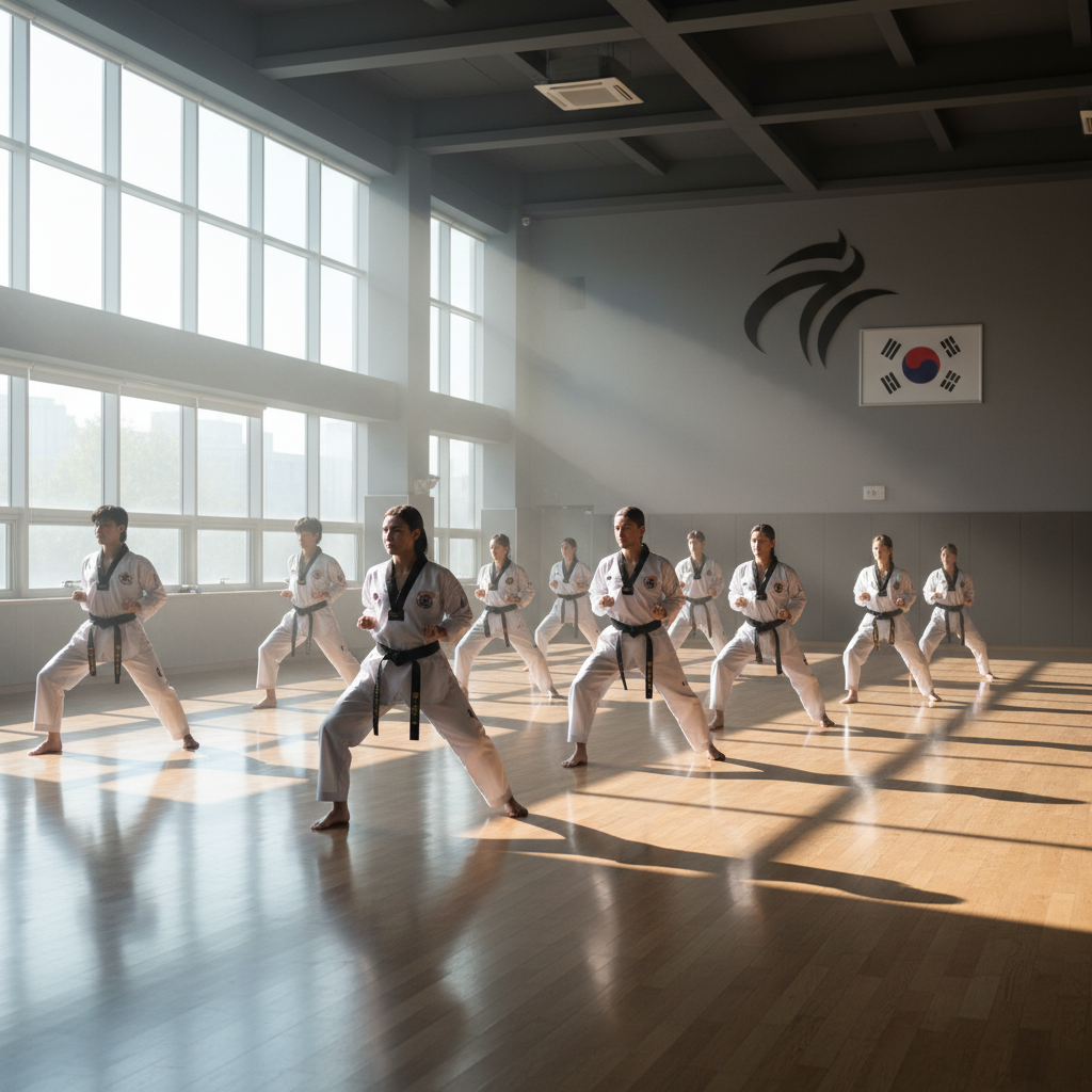 Teen taekwondo athlete in blue uniform performing spinning kick in dimly lit dramatic training hall