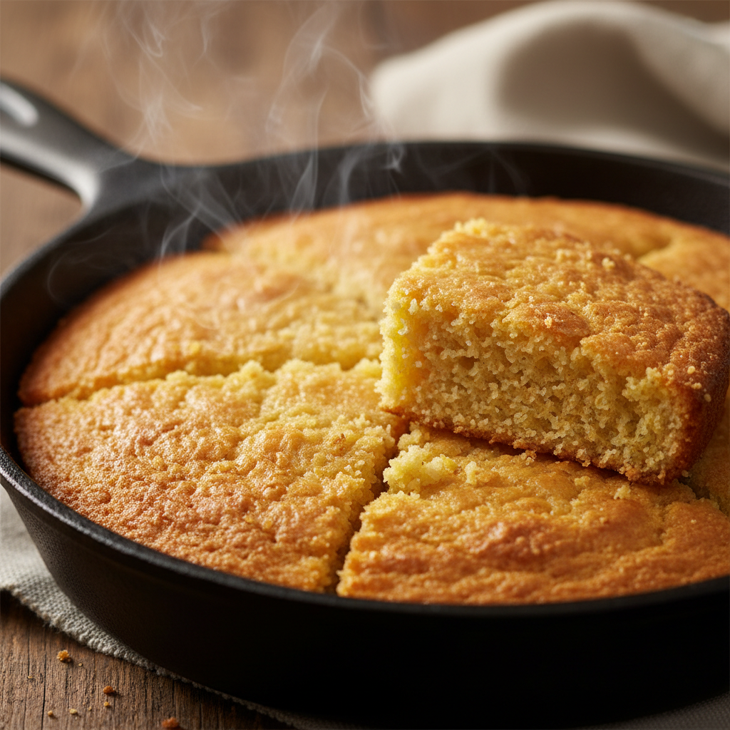 Close-up of cornbread slices on a cast-iron pan, crumbling at the edges, steam still rising