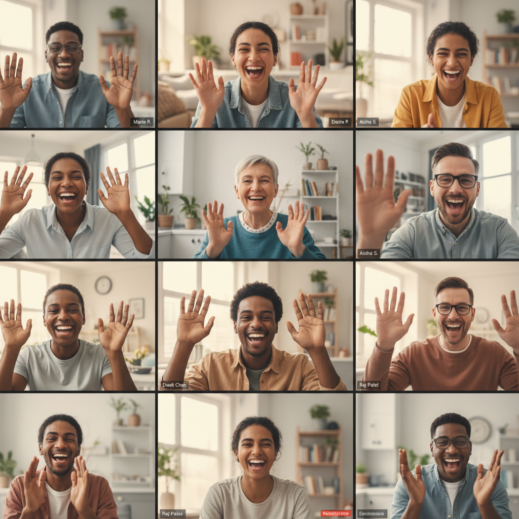 Gather community members on a video call grid, laughing and waving