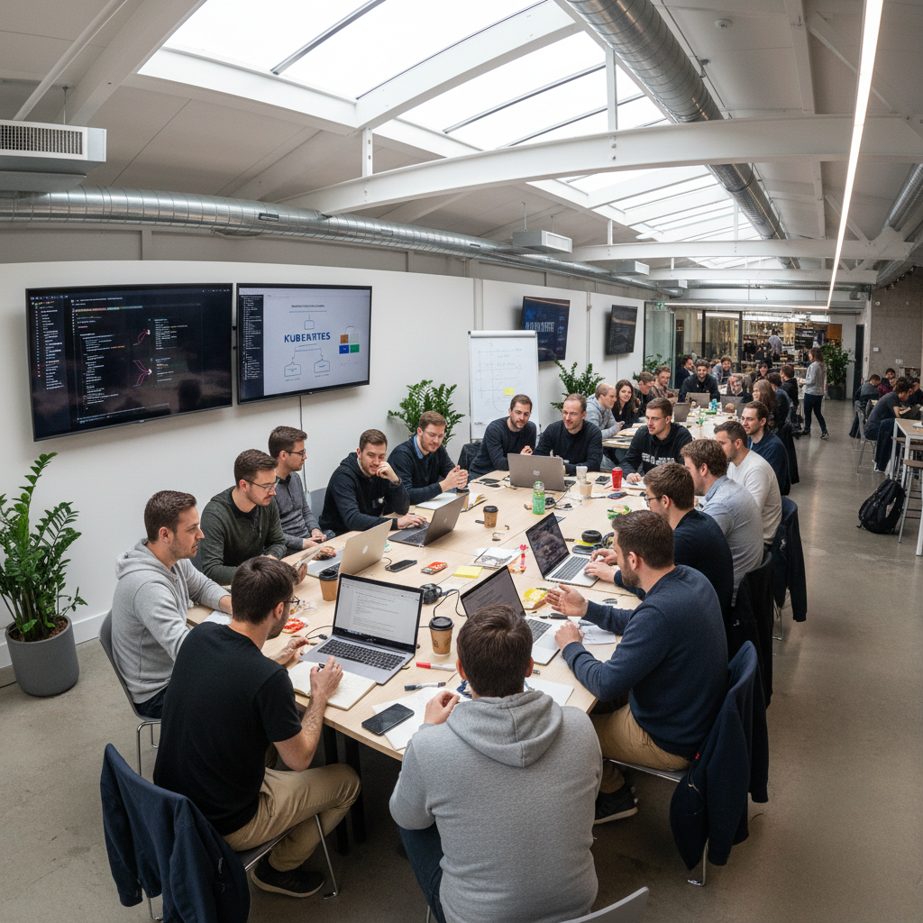Group of developers collaborating around laptops with code on screens in modern office