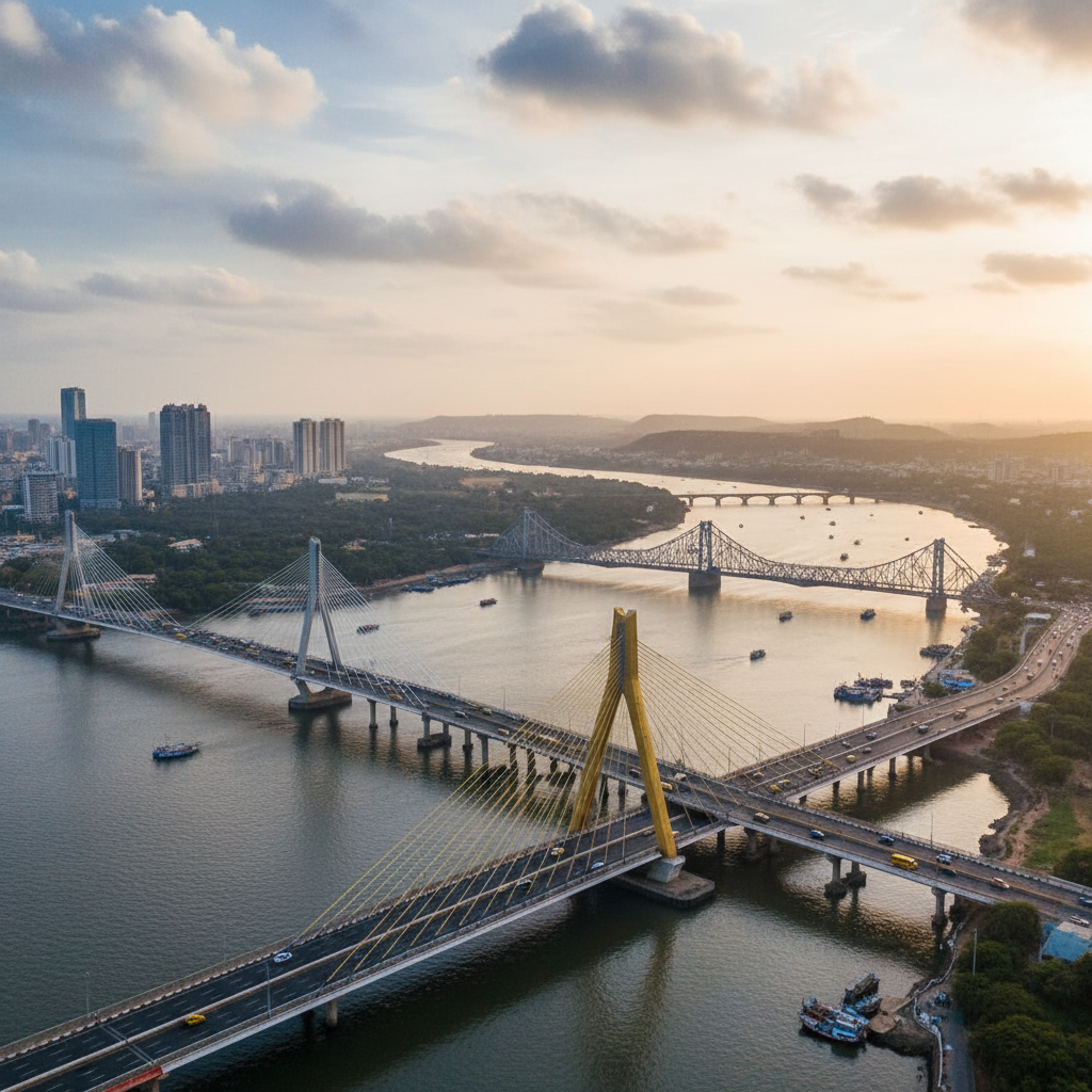 Vista aérea da floresta amazônica com cidade de Manaus ao fundo, rio e pontes, céu dramático ao entardecer