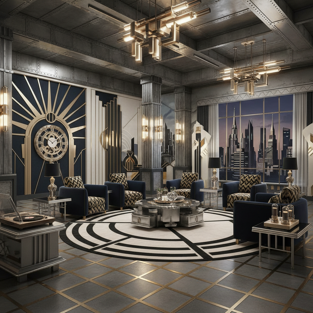 1990s art deco revival interior with bold geometric patterns and industrial design elements