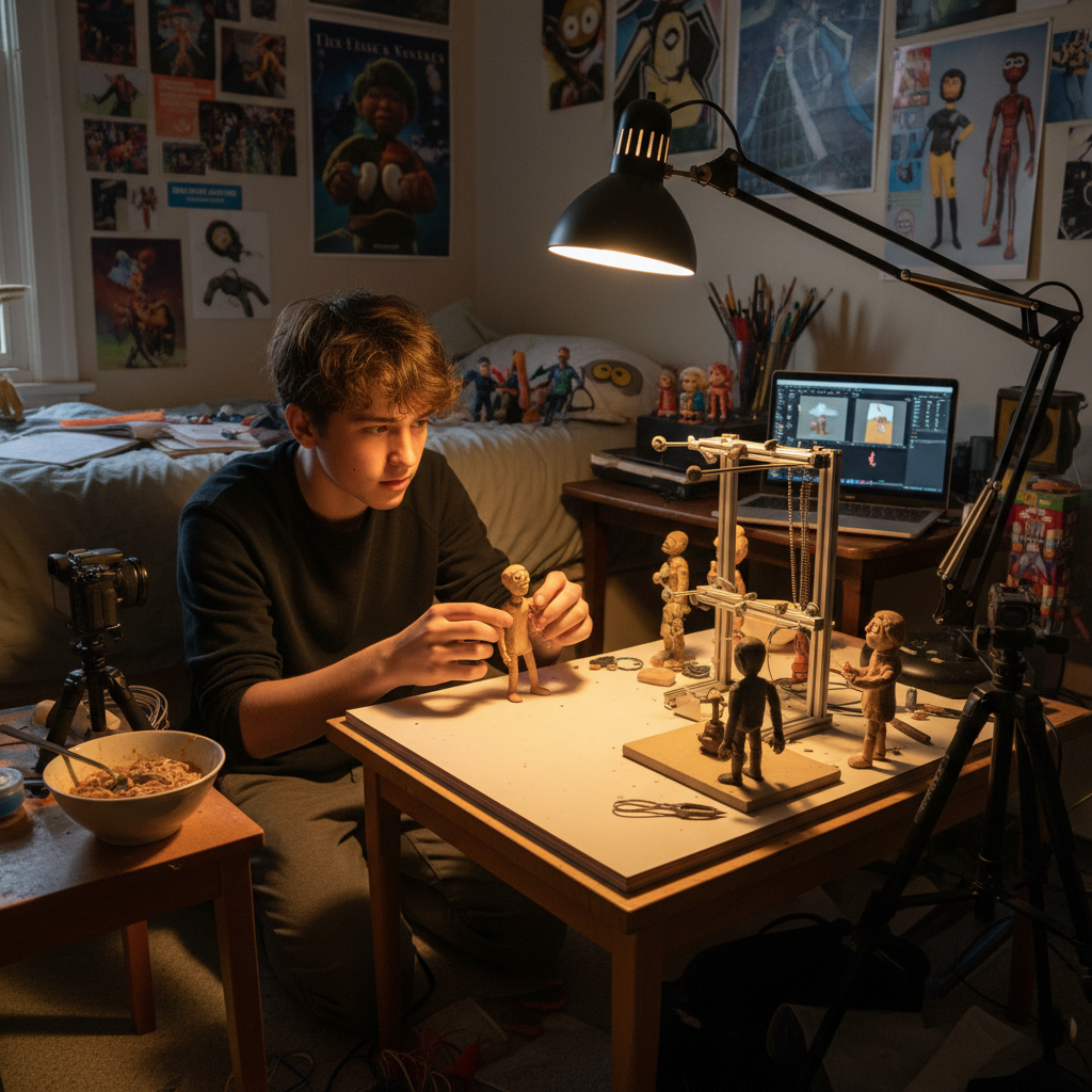 Teen working on stop-motion animation rig in bedroom lit by desk lamp, clay figures arranged on set