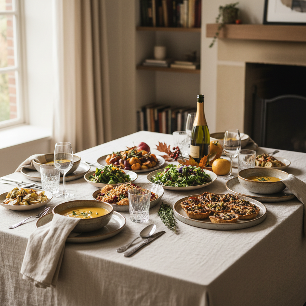 Garden dinner table set with wildflowers, linen napkins, and organic dishware in bright dappled afternoon sunlight