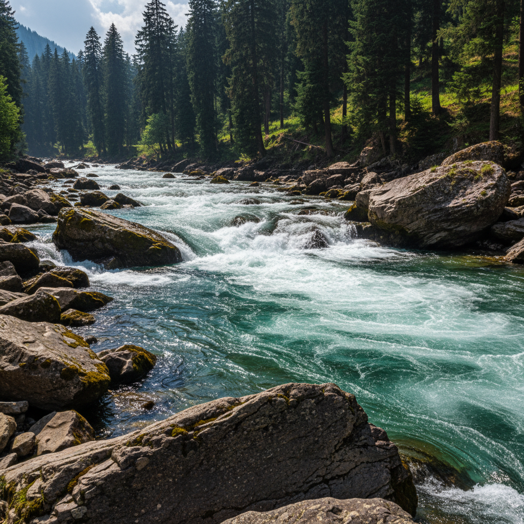 Lidder River rapids with rocks and pine forest in Pahalgam