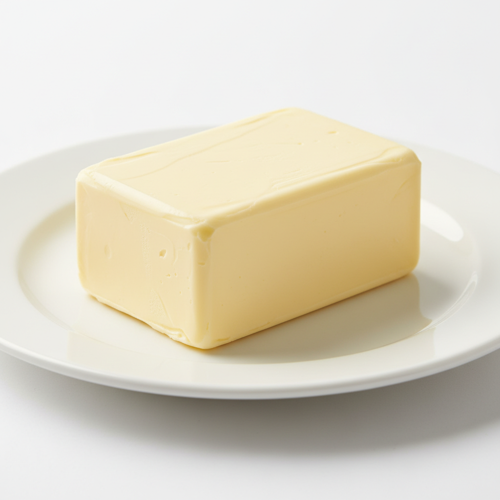 Golden butter block on white plate in warm kitchen light