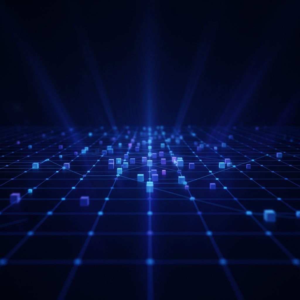 Abstract data visualization with green dots on dark background, dim atmospheric lighting, deep shadows