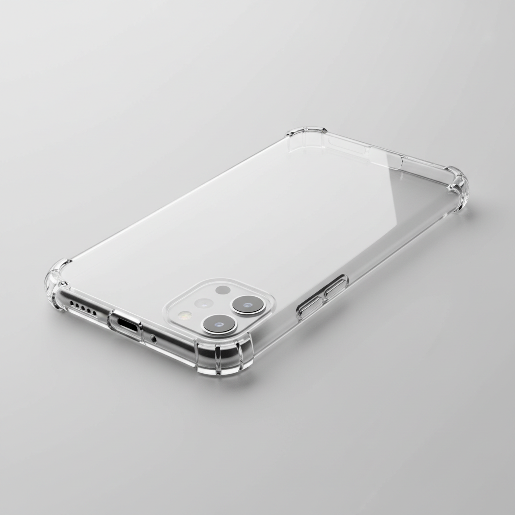 Transparent slim phone case with reinforced corners on white background