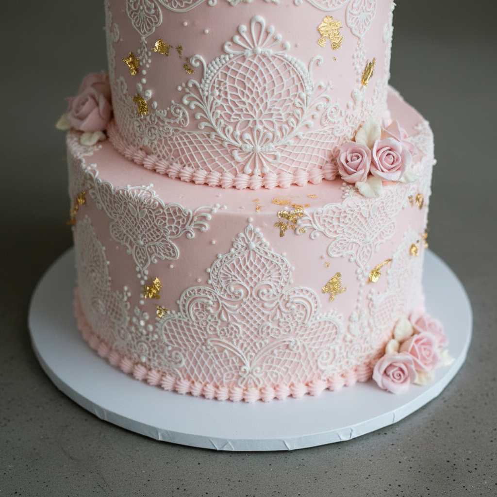 Edible rose petals and gold leaf decoration detail on celebration cake