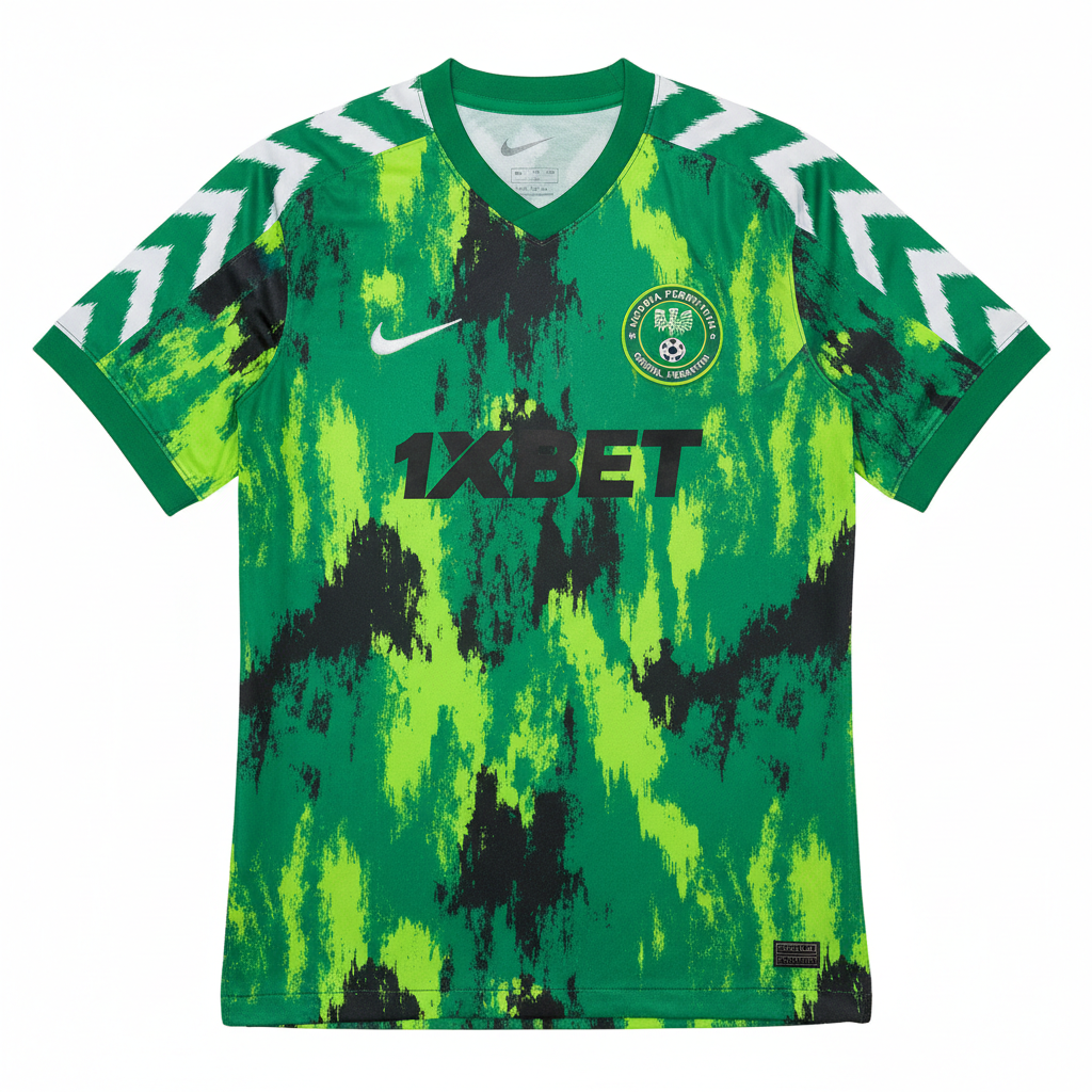 Green and white Nigeria national team football jersey product shot, Super Eagles home kit, vibrant sportswear