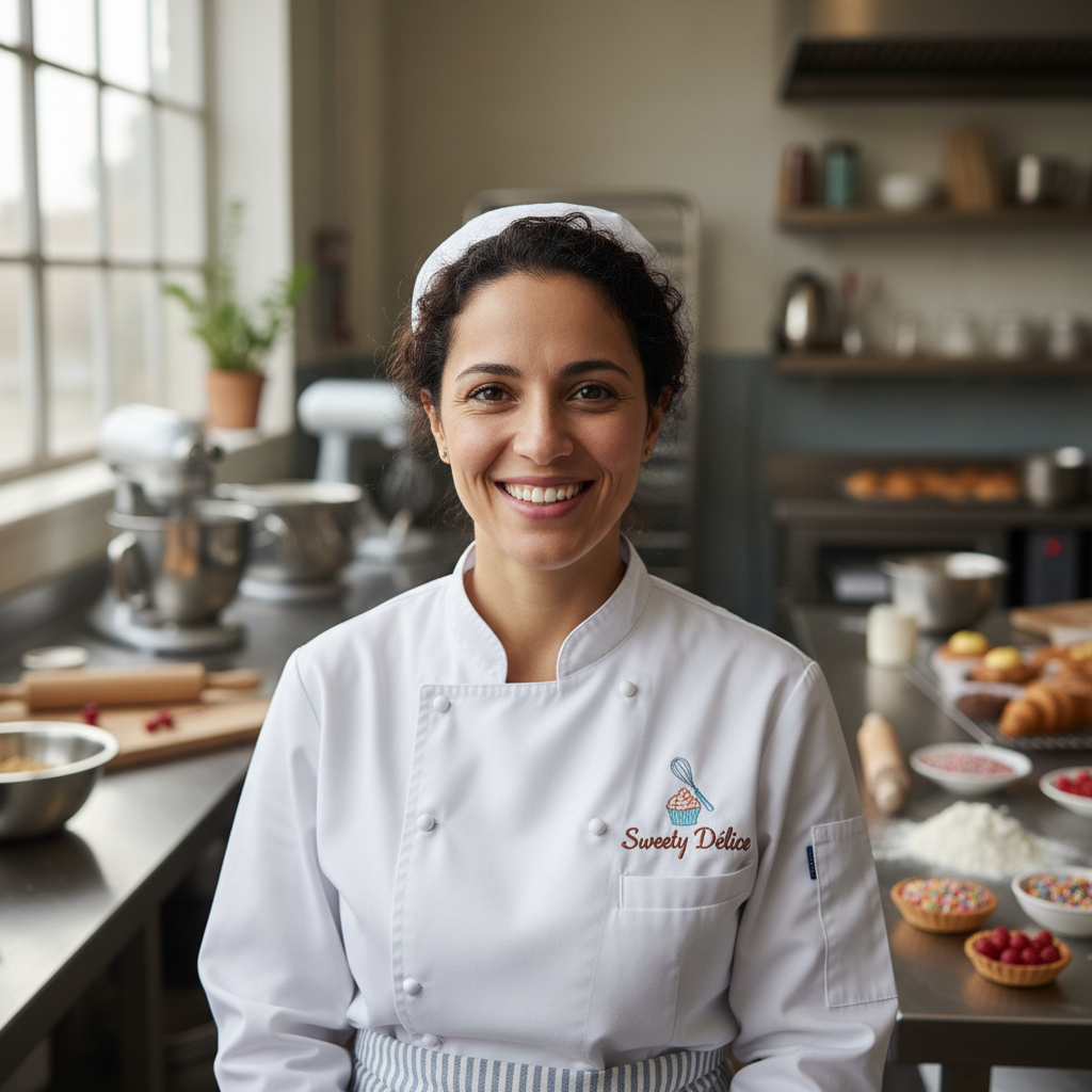 Female chef in contemplative pose against white kitchen wall with natural side light, intimate portrait