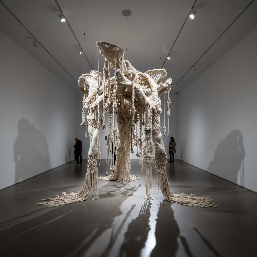 Fiber art installation in white gallery space with dramatic lighting