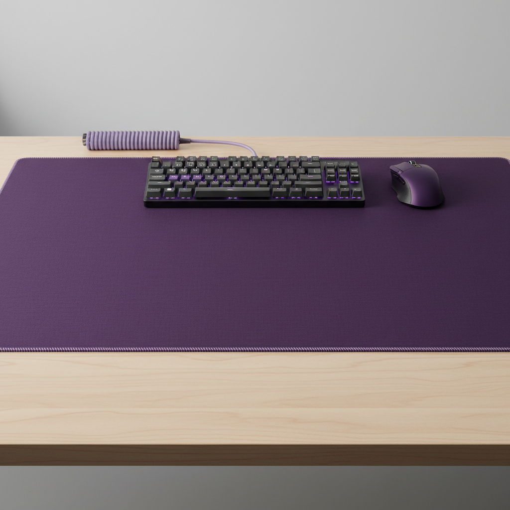 Large dark purple deskmat with keyboard and mouse setup, stitched lavender edge detail
