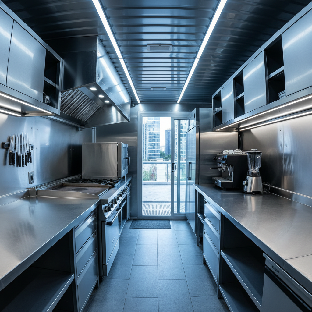 Interior of custom container showing stainless steel counters, LED lighting, and professional kitchen equipment