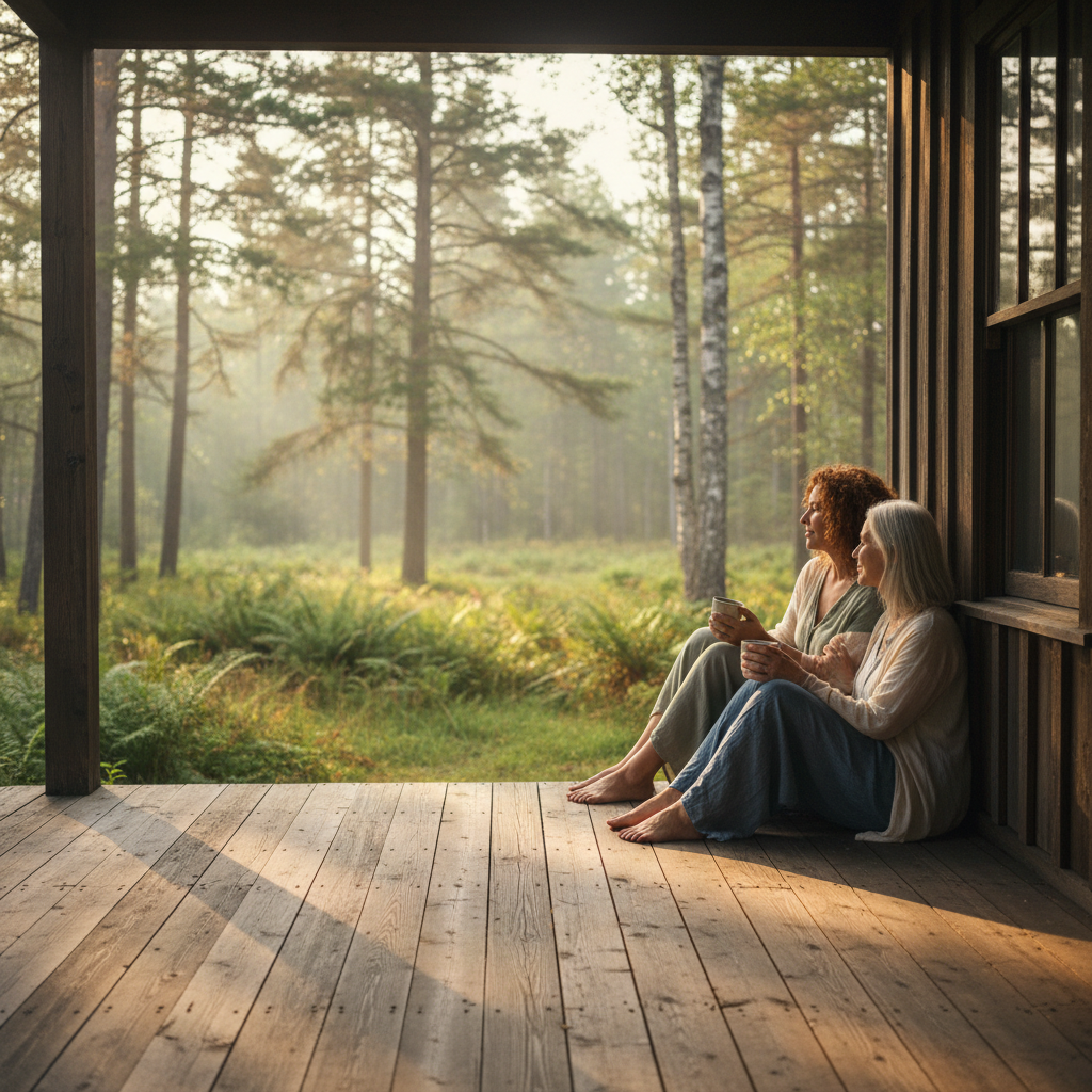Two women sitting together on a cedar porch overlooking a forest clearing, sharing quiet presence in soft morning light