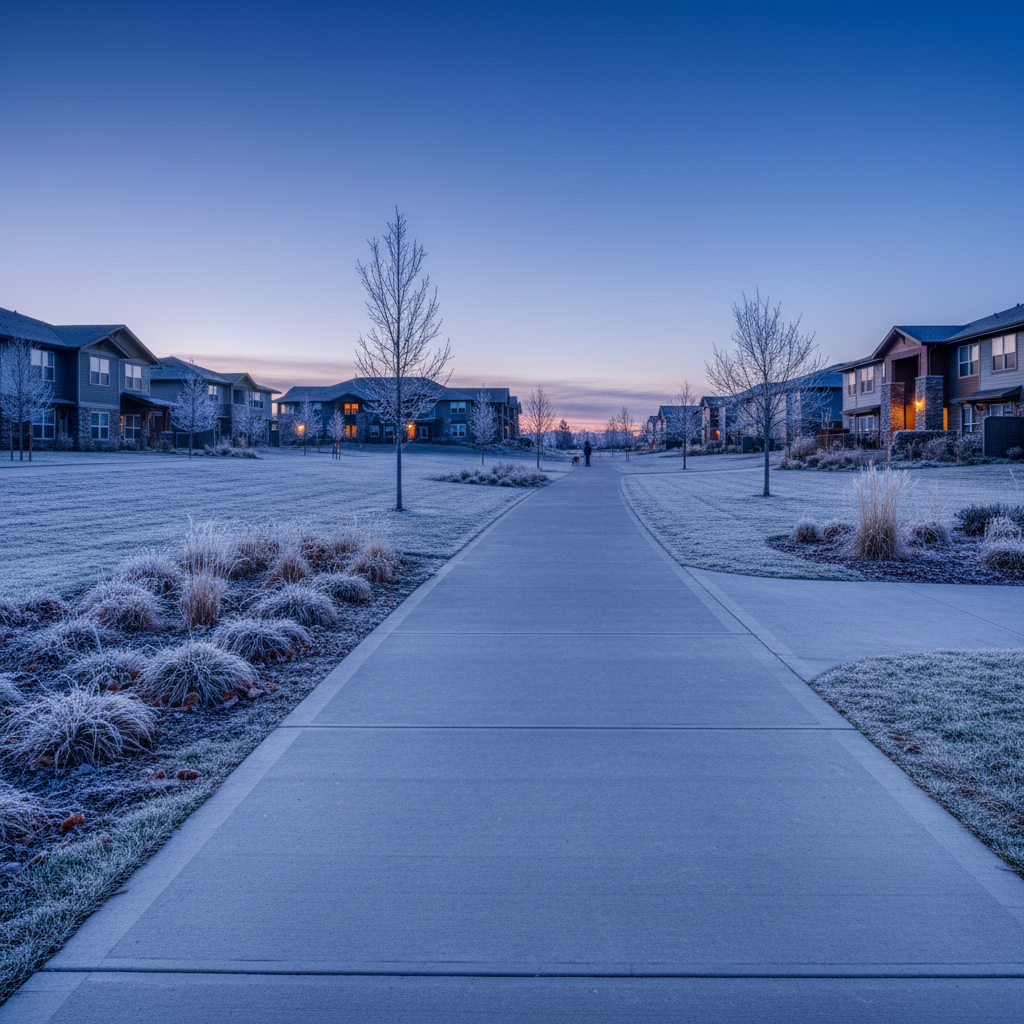 Cleared residential complex pathways at blue-hour dawn, frost glinting on the nature strip but shared paths bone-dry