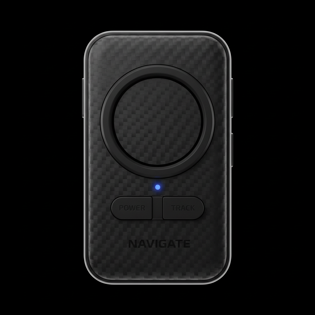 Locate GPS tracker device — carbon textured casing on pure black background, lit from overhead with edge highlights