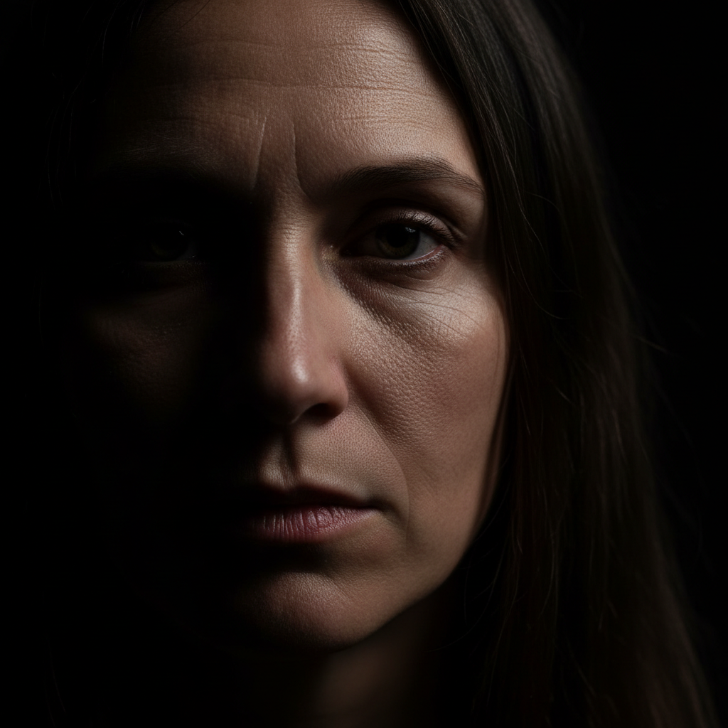 Dramatic moody portrait with low key studio lighting and shadow