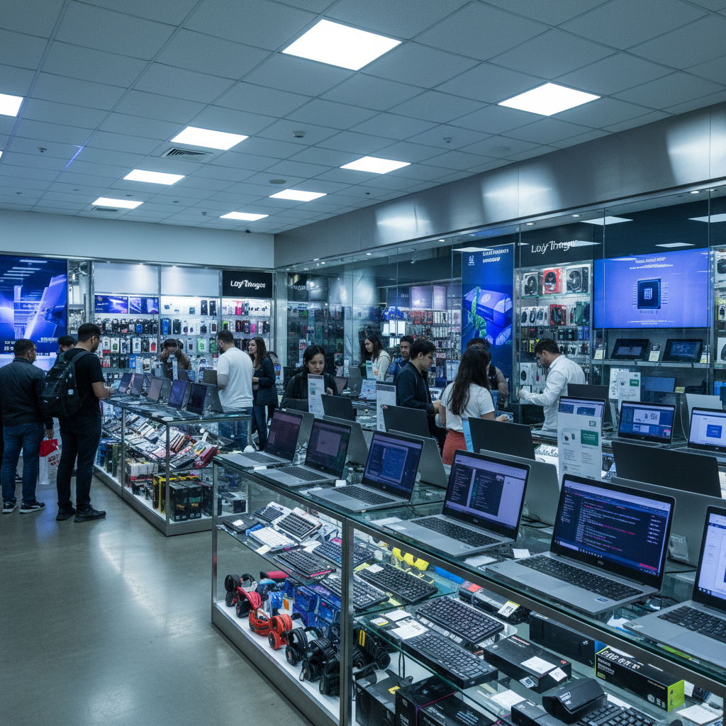Tienda de tecnología con laptops y dispositivos electrónicos