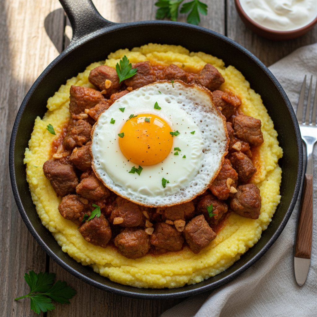 Tochitura moldovenească in cast iron pan with polenta and fried egg