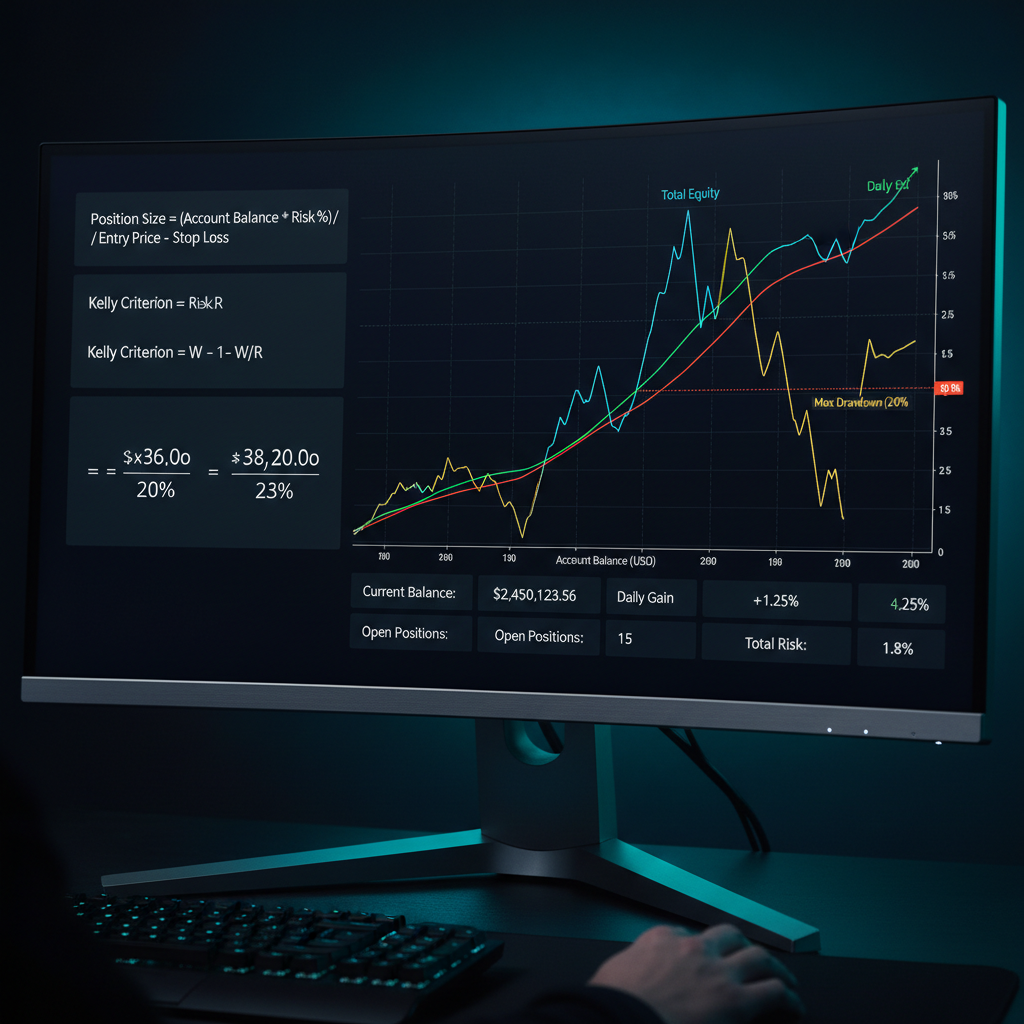 Risk management dashboard on dark monitor with position sizing formulas and account balance curves