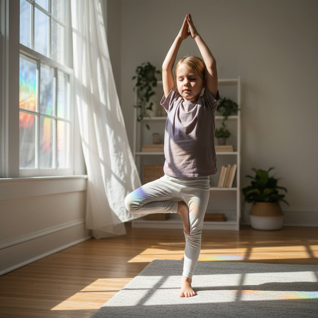 Child doing yoga tree pose in a sunny room with rainbow light