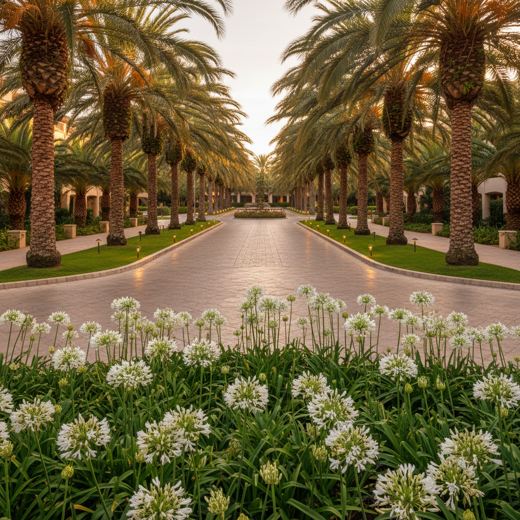 Sweeping resort motor court at golden hour — mature palms flanking a limestone entry drive, low-voltage path lights beginning to glow, white agapanthus beds in the foreground