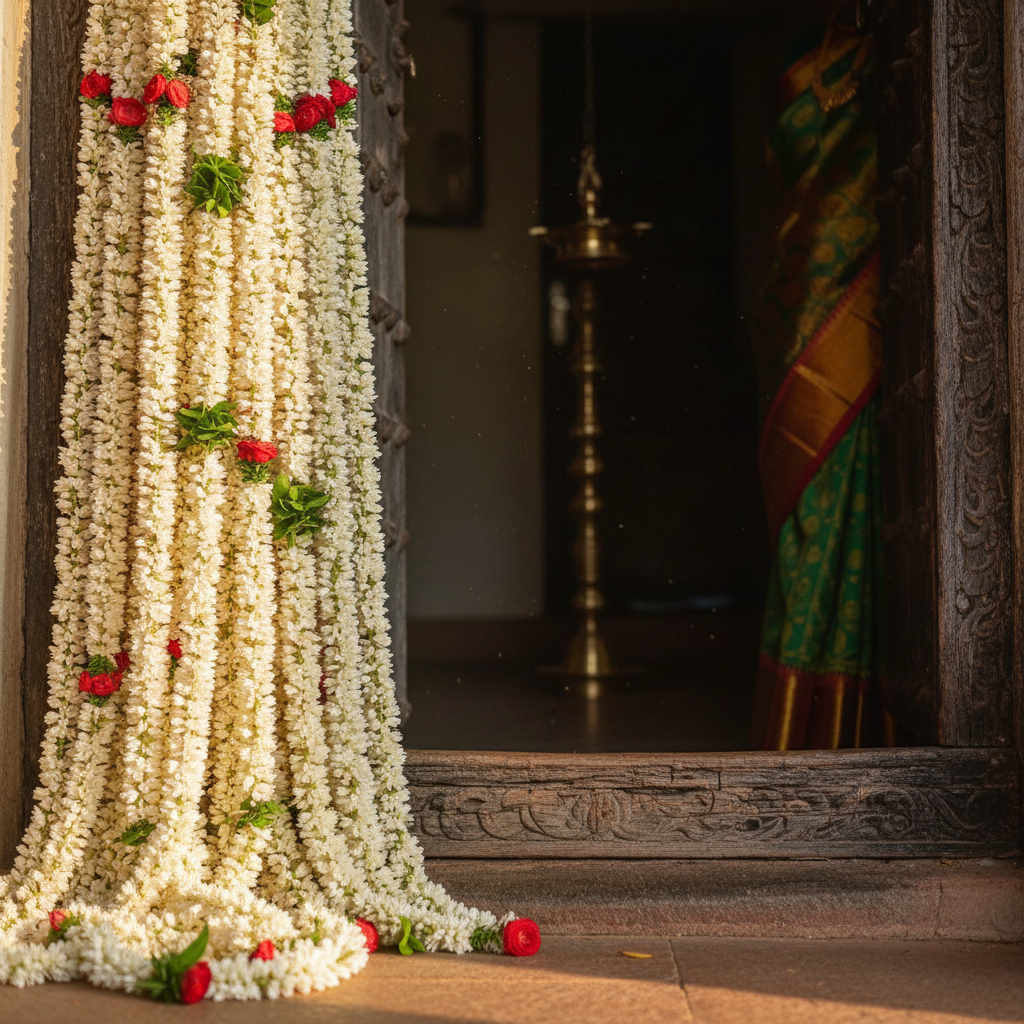 South Indian style wedding hall with traditional mandap and floral rangoli