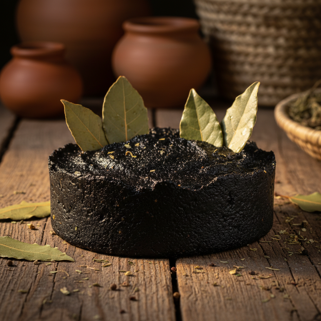 Moroccan beldi soap with eucalyptus leaves on marble surface