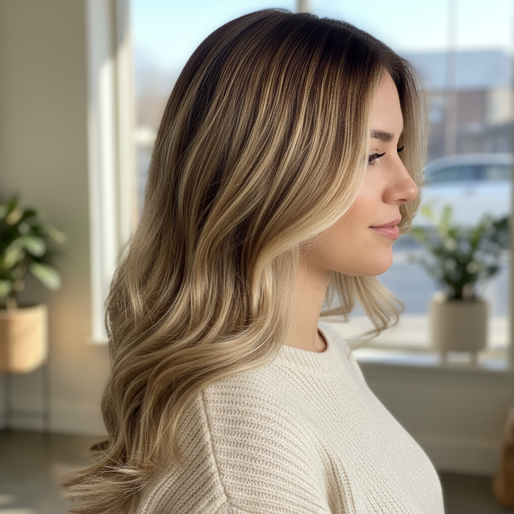 Balayage color transformation in bright salon, natural blonde highlights on brunette hair