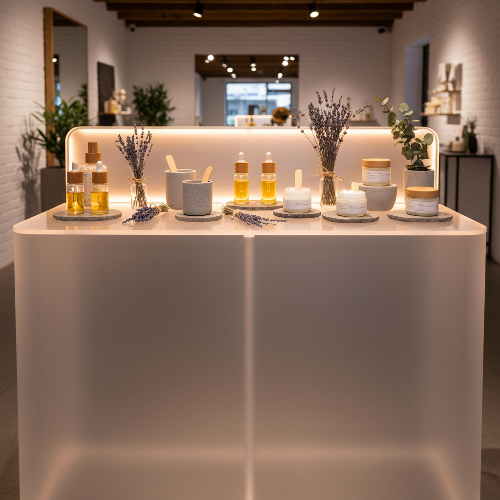 Temporary retail display table with product styling and ambient lighting