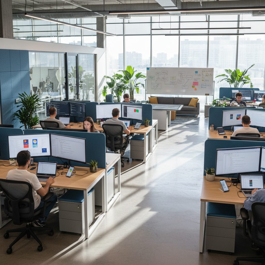 Bright modern office with developer working on multiple screens showing API documentation and code, well-lit workspace