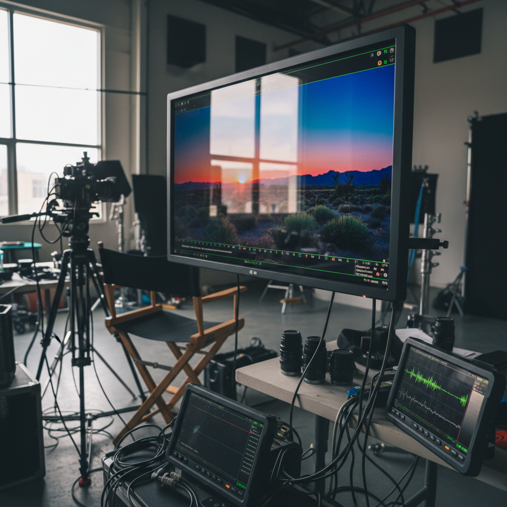 Production monitor displaying color-graded footage on location