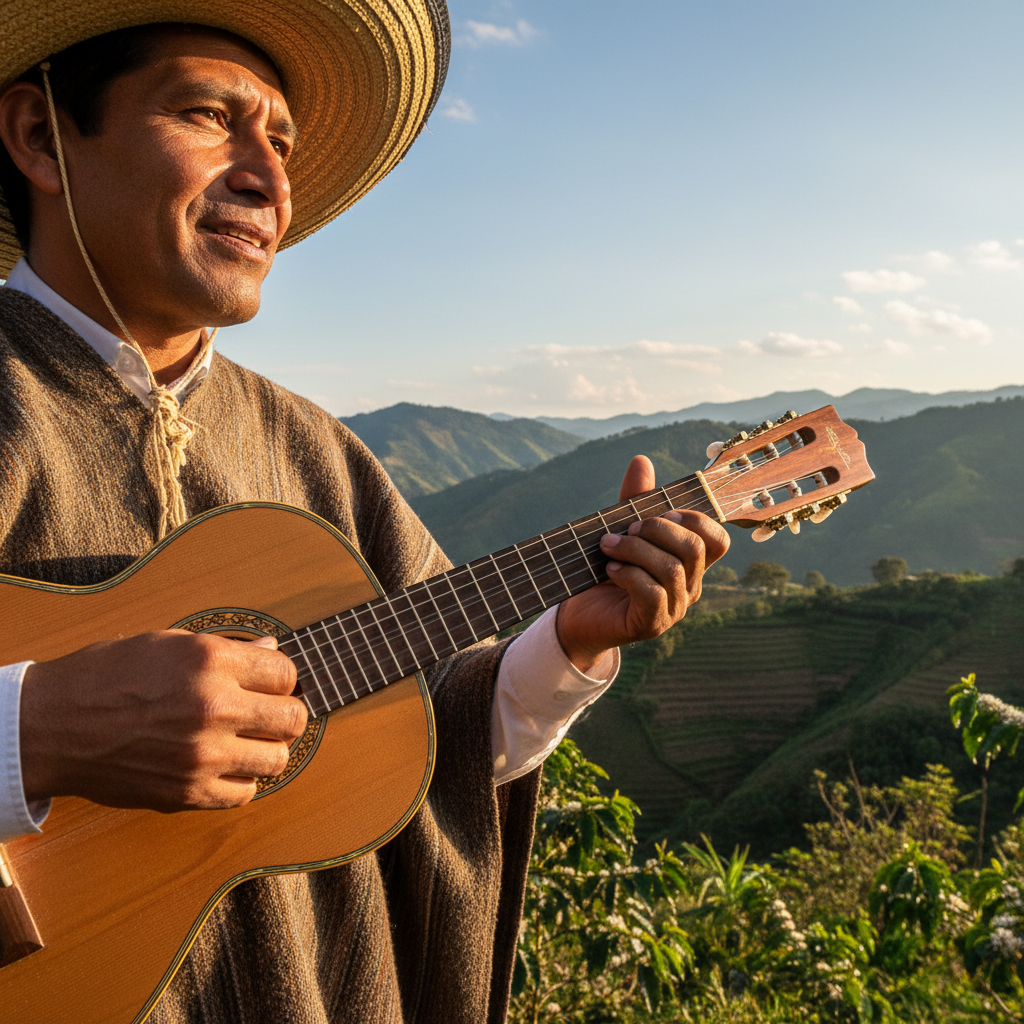 Músico folclórico colombiano tradicional tocando tiple en un pueblo de montaña, colinas andinas verdes, luz natural suave