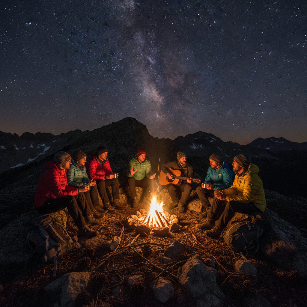 Group of men gathered around a campfire at night under a starlit sky