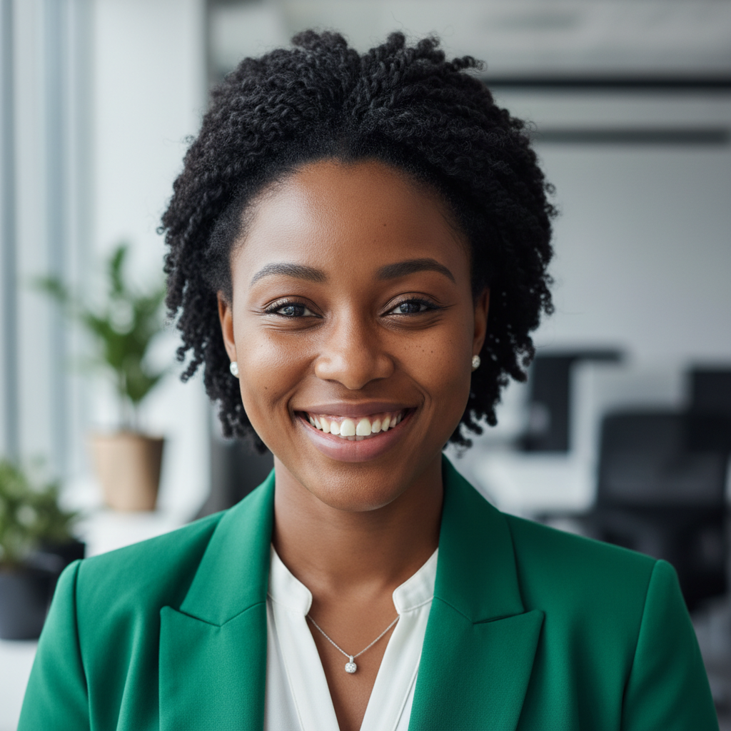 African woman with natural hair smiling warmly in professional setting