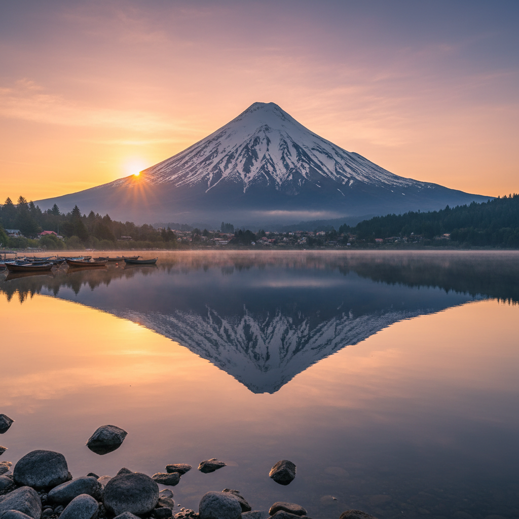 Lago Llanquihue con reflejo del volcán Osorno al amanecer