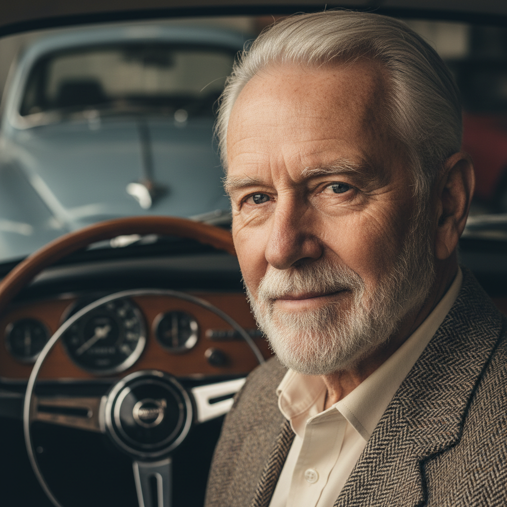 Robert Lindqvist, vintage Volvo P1800 collector, silver-haired portrait