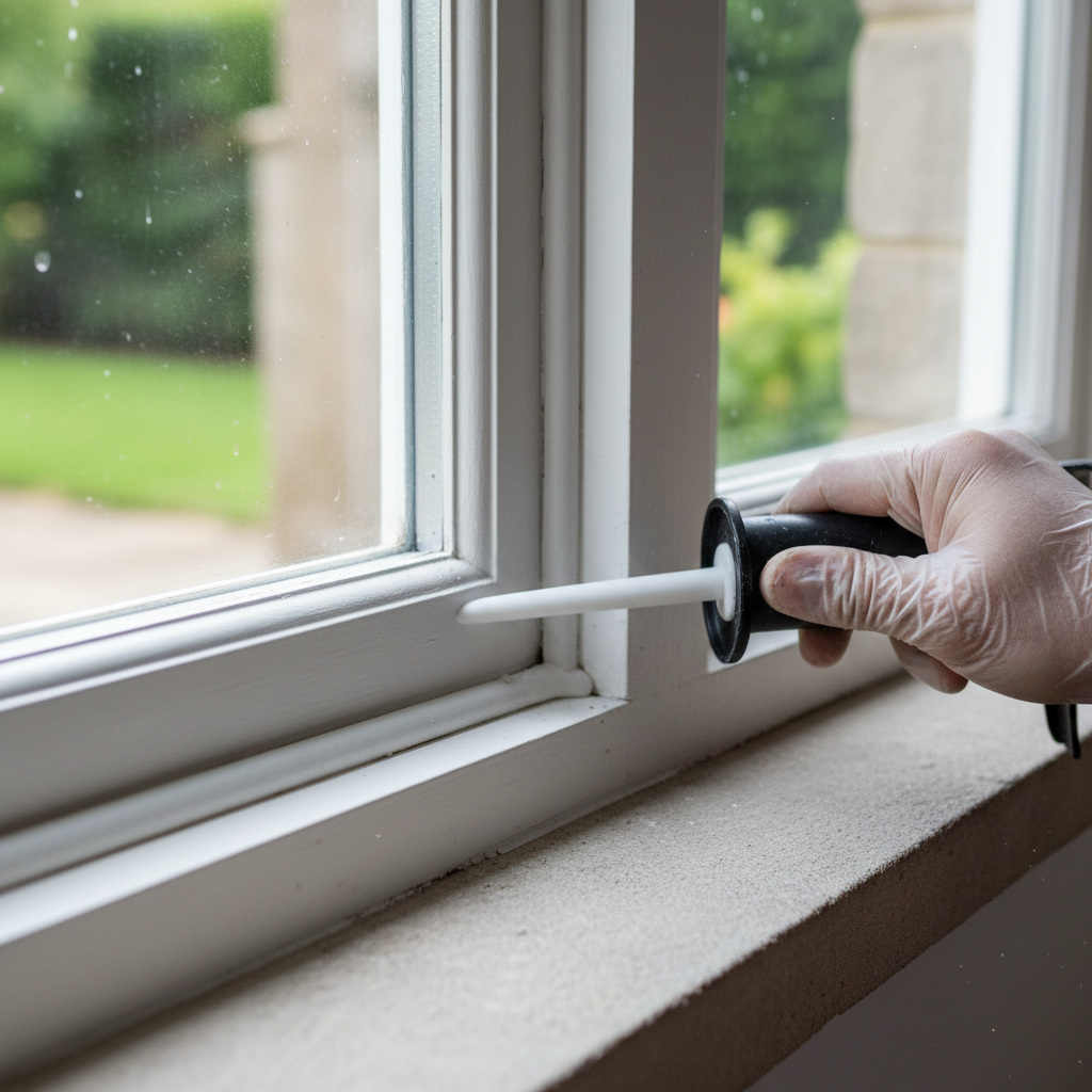 Clean caulk bead being applied along window sash frame