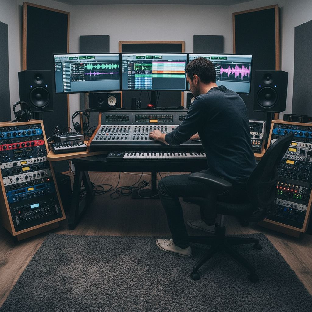 Music producer at studio desk with keyboard and monitors glowing