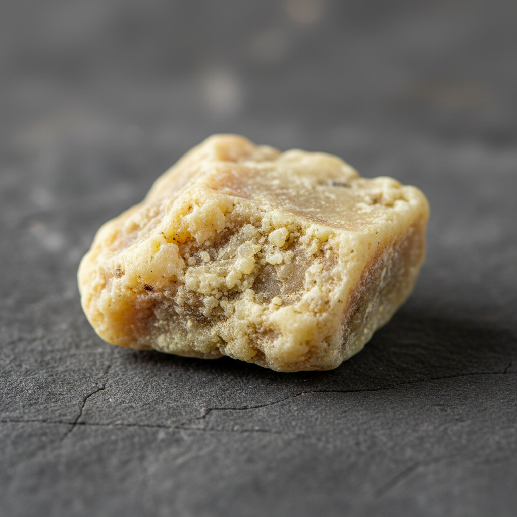 Pale yellow asafoetida resin block on a dark stone surface