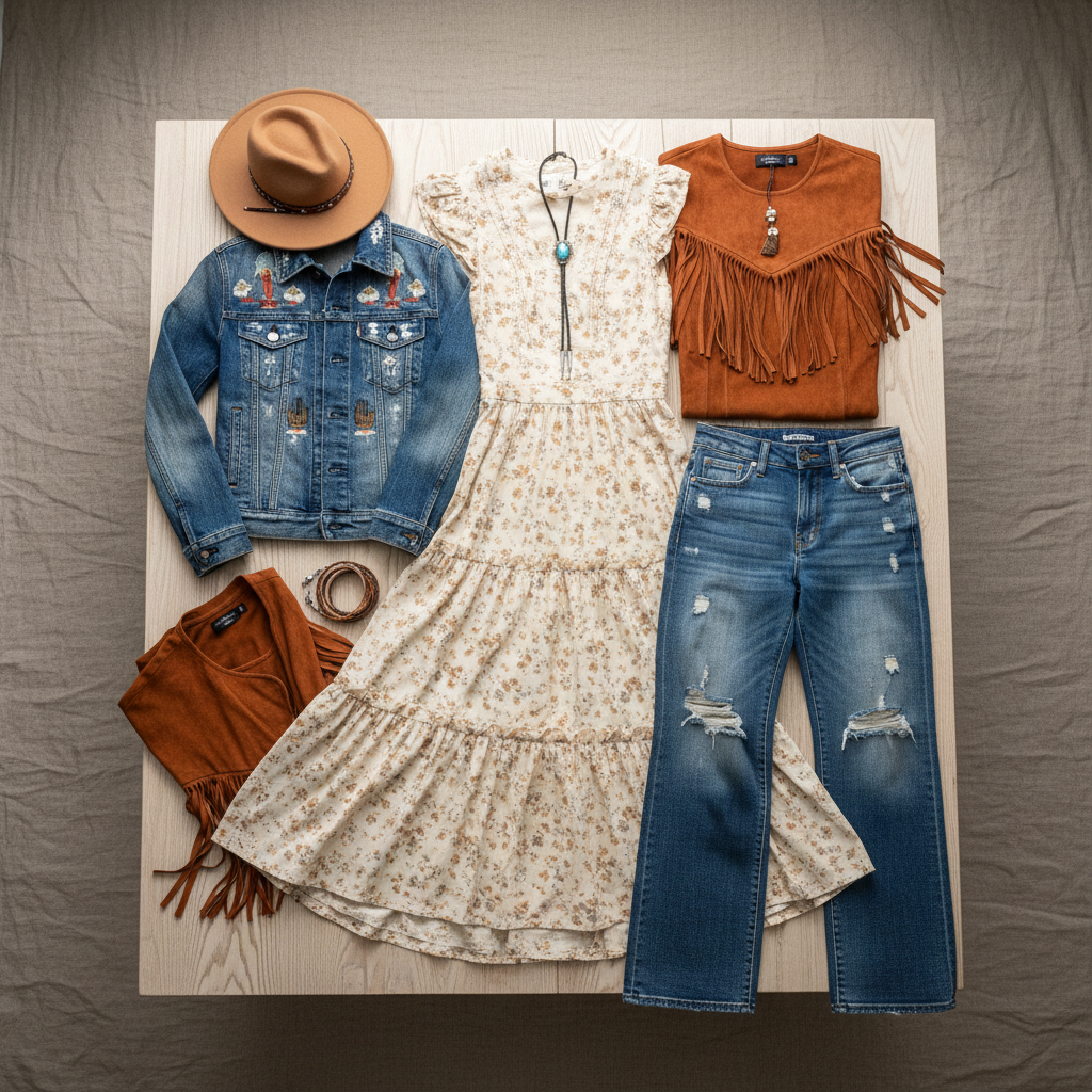 Curated vintage clothing bundle flatlay showing three garments — western snap shirt, silk blouse, and corduroy blazer — arranged on black tissue paper