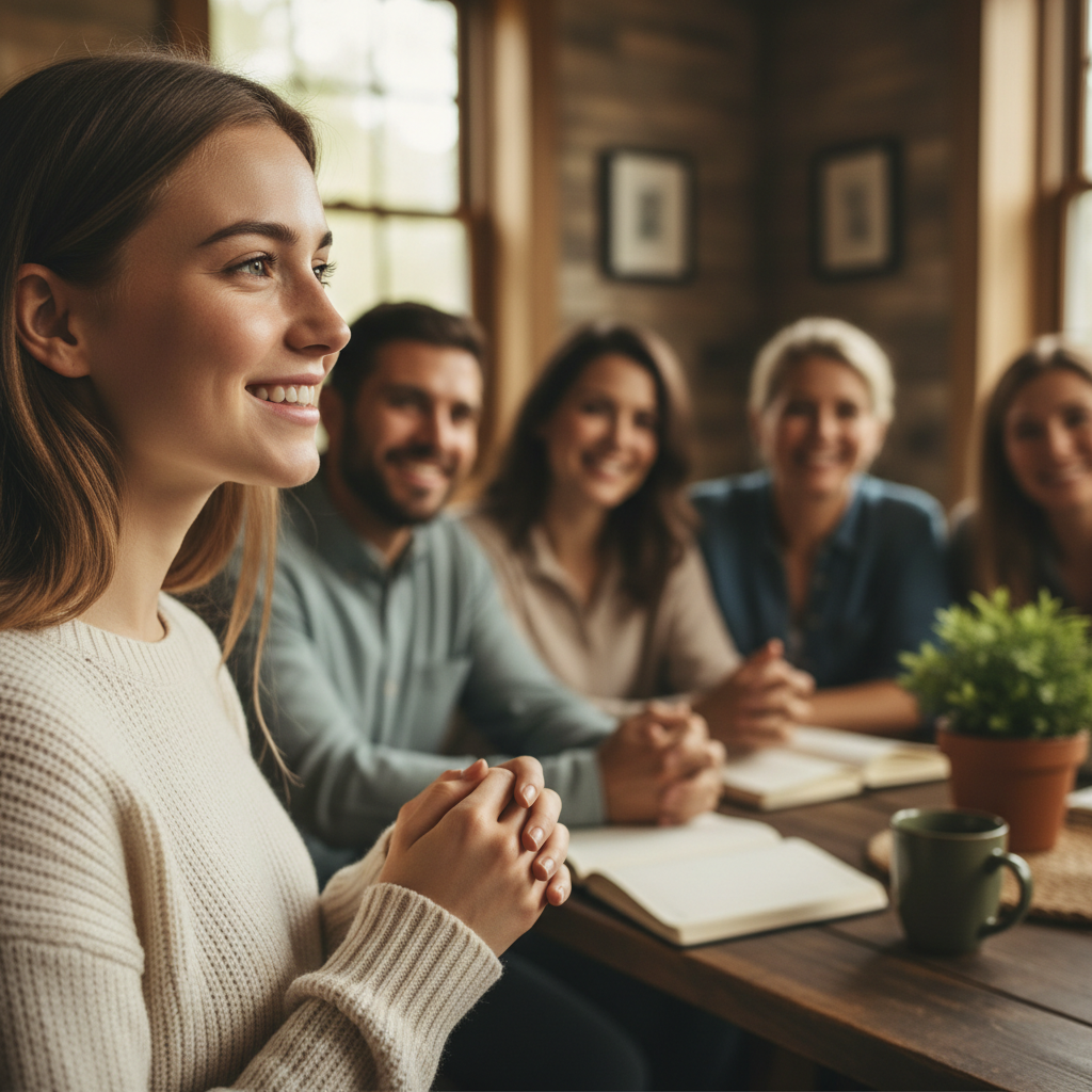 Person sharing testimony at church microphone, warm welcoming church atmosphere, congregation listening