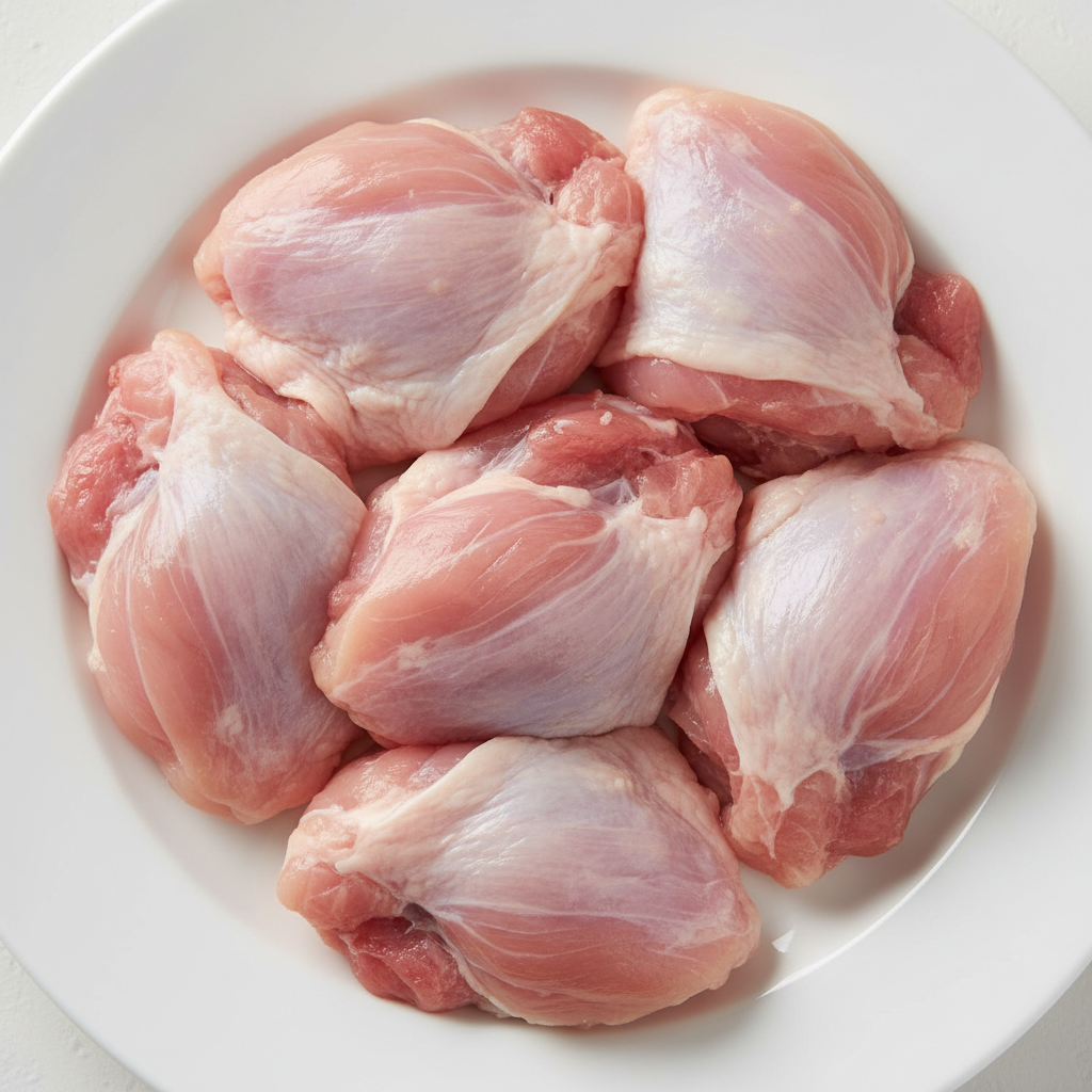 Bone-in chicken thighs arranged on clean surface, raw, fresh