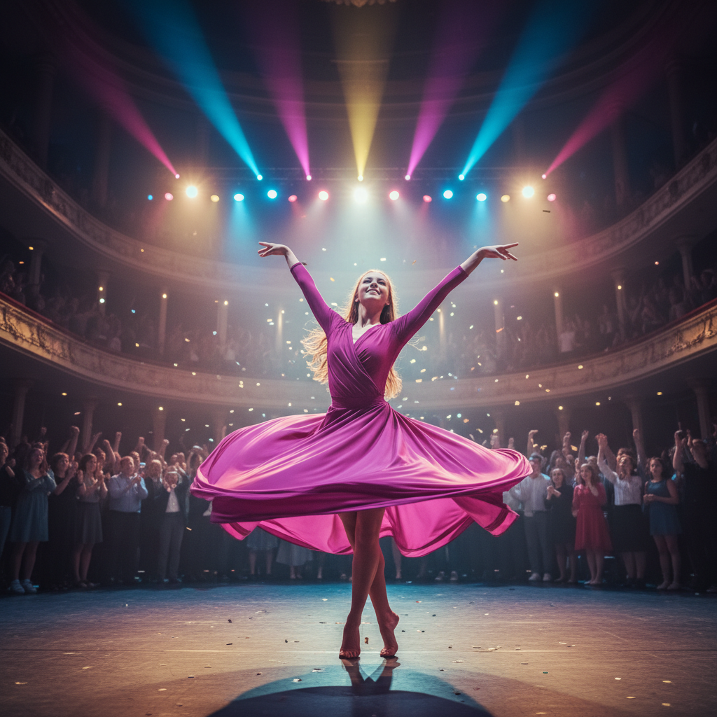 Young dancer mid-spin in purple costume at recital