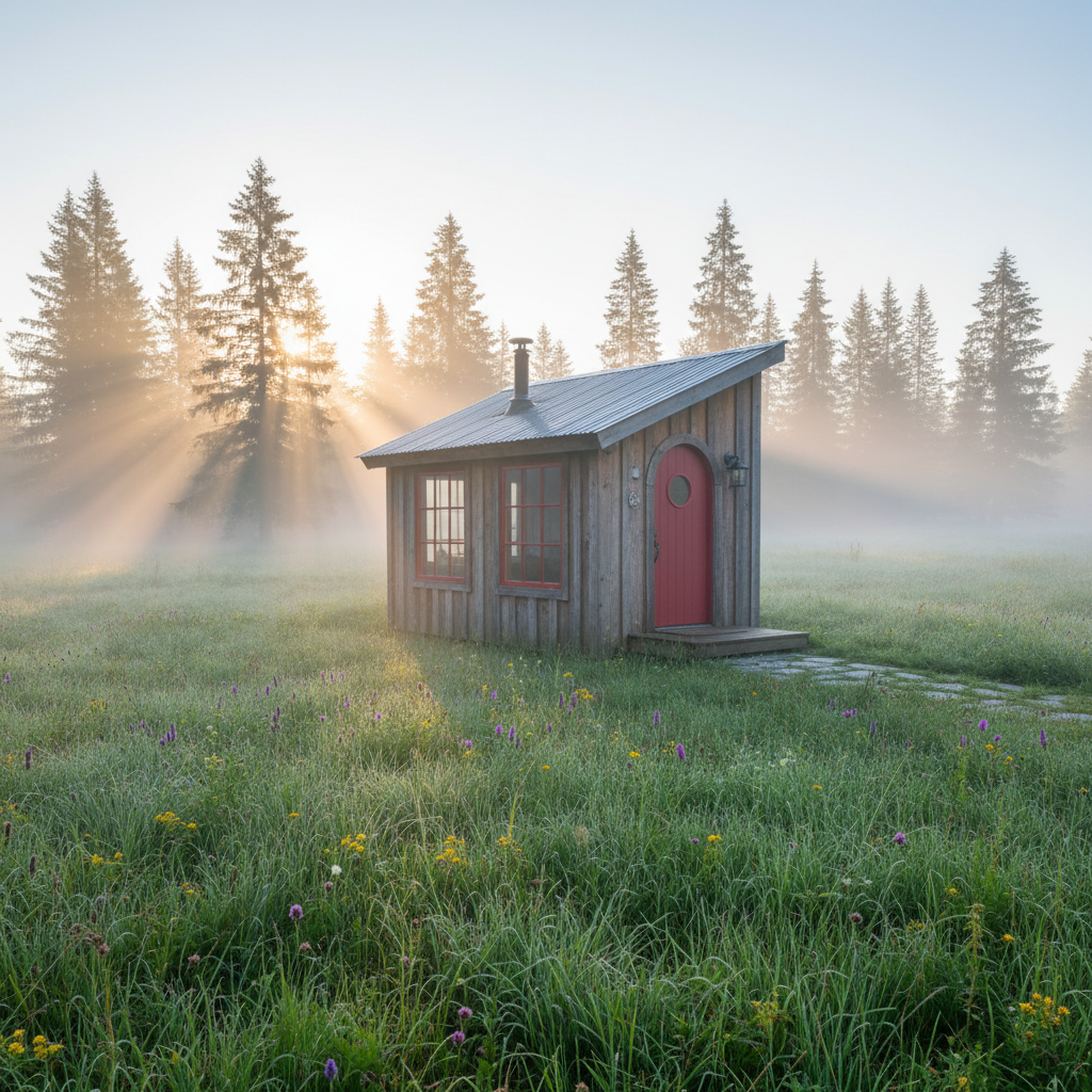 Exterior of a tiny house in a meadow with morning fog rolling through pine trees