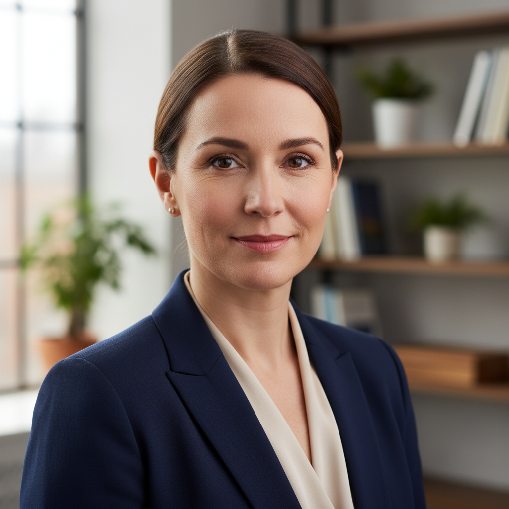 Professional woman in business casual attire, confident smile, industrial background